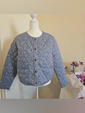 Quilted Blue Floral Button-Front Women's Jacket
